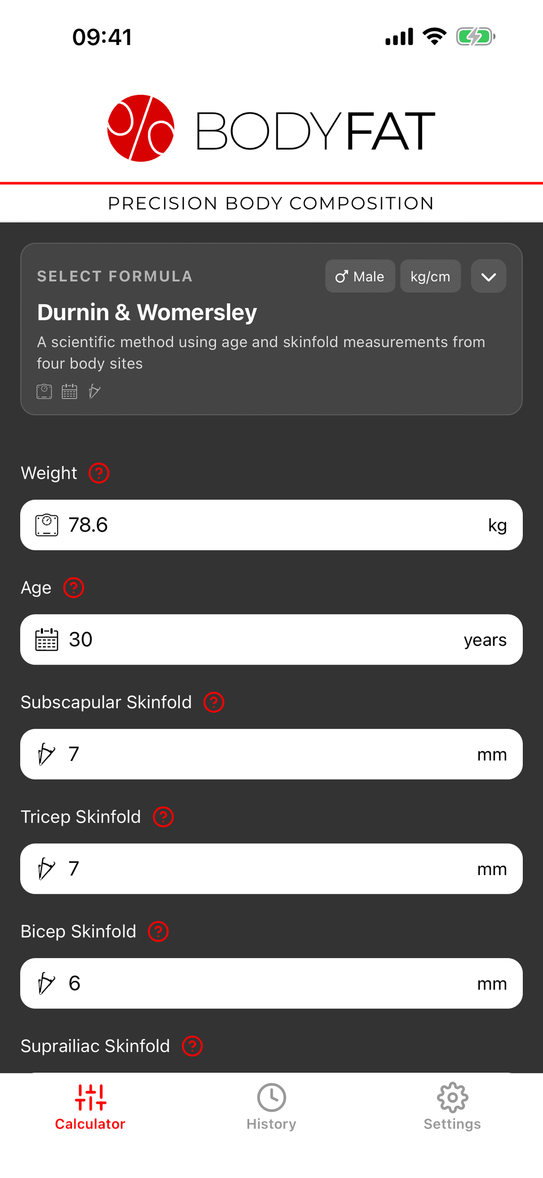 Entering skinfold caliper measurements for the Durnin & Womersley method